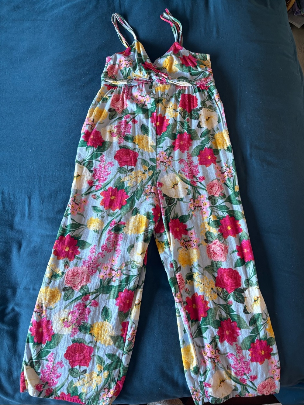 Old Navy Linen Blend Smocked Floral Jumpsuit in Pink, Yellow, Green and Blue